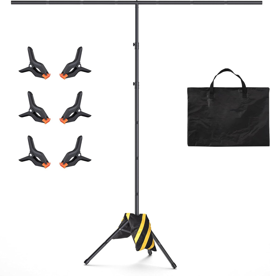T-Shape Backdrop Stand 8x7.2FT, Height and Width Adjustable Background Stand for Parties,Green Screen Holder with 6 Spring Clamps