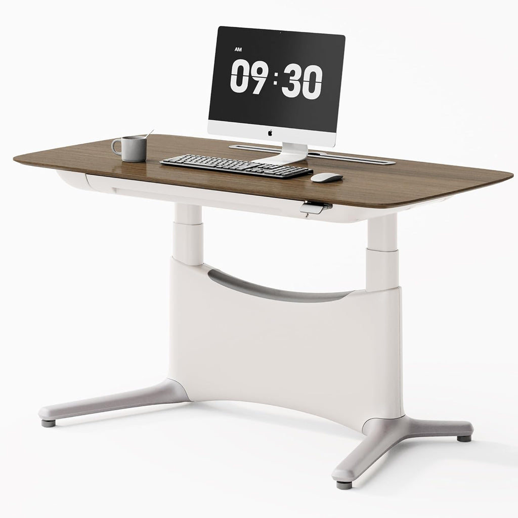 COLAMY Electric Standing Desk, Whole-Piece Gaming Desk with Dual Motors, Ergonomic Footrest, Drawers for Storage, Adjustable Height Sit-Stand Desk for Home Office (Veneer Desktop, Walnut + White)