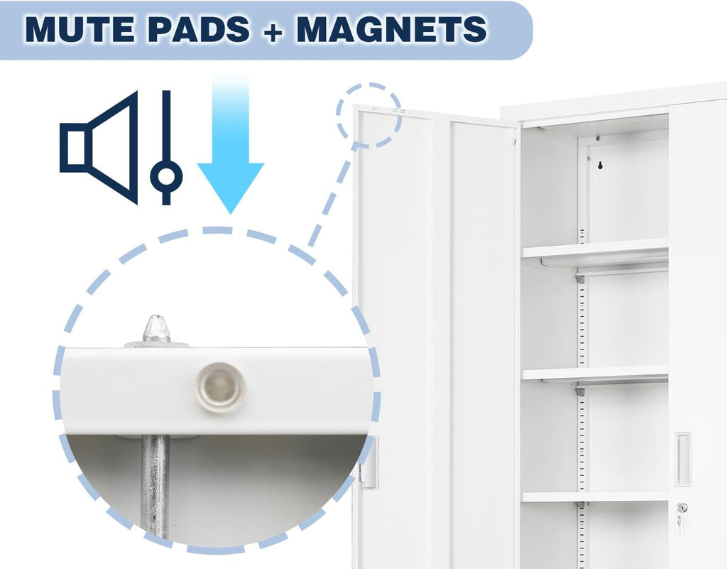 BESFUR Metal Cabinet with 5 Adjustable Shelves and 2 Doors, Locking Storage Cabinet for Garage, Classroom and Office -White