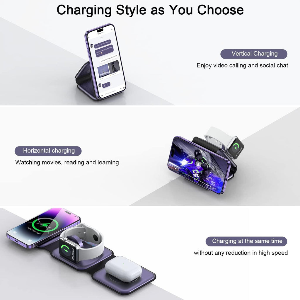 Wireless Charger 3 in 1,RTOPS Magnetic Travel Wireless Charging Station Multple Devices,GaN 3 in 1 Charging Station,Compatible for iPhone16/15/14/13/Pro/Max,iWatch,AirPods4/3/2/Pro(Adapter Includes)