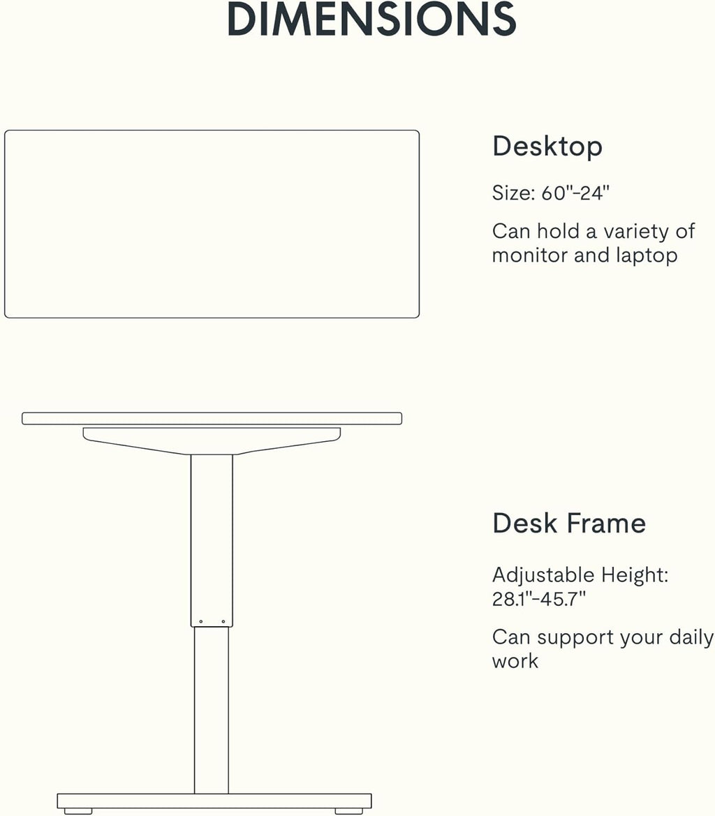 FLEXISPOT EN1 Whole Piece Standing Desk, 60 x 24 Inches Height Adjustable Desk Electric Sit Stand Desk for Home Office (Black Frame + Gray Wood Desktop, 2 Packages)