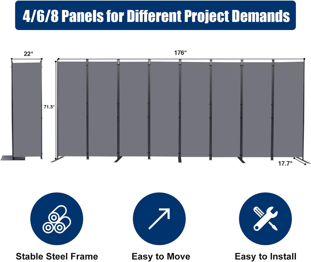 Room Divider 6FT Portable Room Dividers and Folding Privacy Screens, 176'' W Fabric Divider for Room Separation, 8 Panel Partition Room Dividers Freestanding Wall Divider Screen for Dorm Studio Office