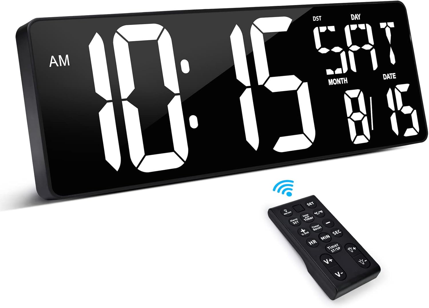 XREXS Large Digital Wall Clock with Remote Control, 17.2 Inch LED Large Display Count Up & Down Timer, Adjustable Brightness Plug-in Alarm Clock with Day/Date/Temperature for Living Room, Office, Gym