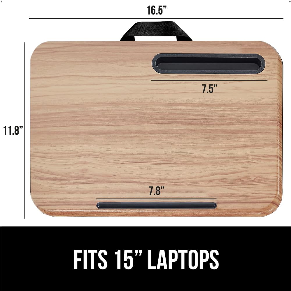 GORILLA GRIP Laptop Lap Desk with Phone Holder, Pillow Cushion Desks Fit Laptops up to 15.6", Tray Ledge Keep Computers in Place, Portable Travel Workstation Essentials for Home, Light Wood Color