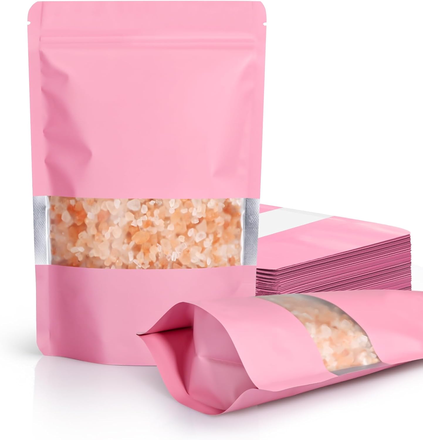 FireKylin 100 Pack Smell Proof Bags, Resealable Bags with Matte Window, Foil Pouch Stand Up Sealable Bags for Packaging（Pink,3.5" x 5.1"）