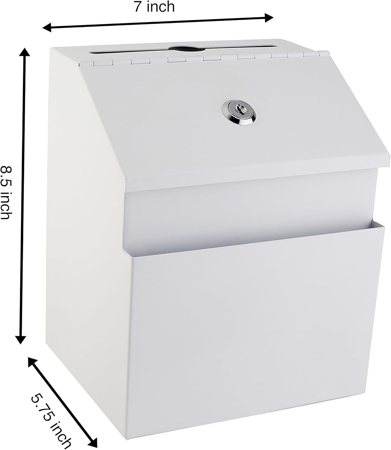 Suggestion Box with Lock and keys, Metal Wall Mounted Ballot Box, Iron steel Donation and Collection Drop Box 8.5" H x 6" W x 7" L with wide 5.5" Slot and front sheet holder (White)