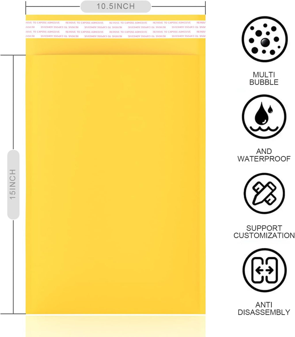 10.5’’ x 15’’ Yellow Kraft Bubble Mailers, Lightweight Padded Mailing Envelopes, Self Seal Kraft Envelopes Large Shipping Bags 25 pack