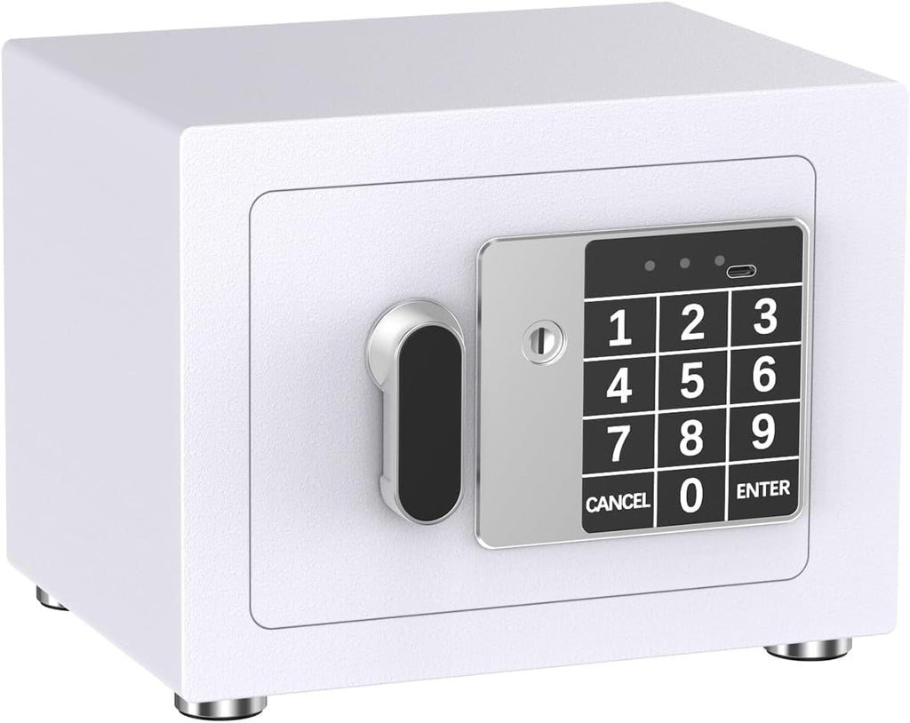 Small Home Safe, 6.7”D x 9”W x 6.7”H, Electronic Keypad Lock Security Box for Cash, Jewelry, Passport, Hidden Safe for Closet, College Dorm Room, White