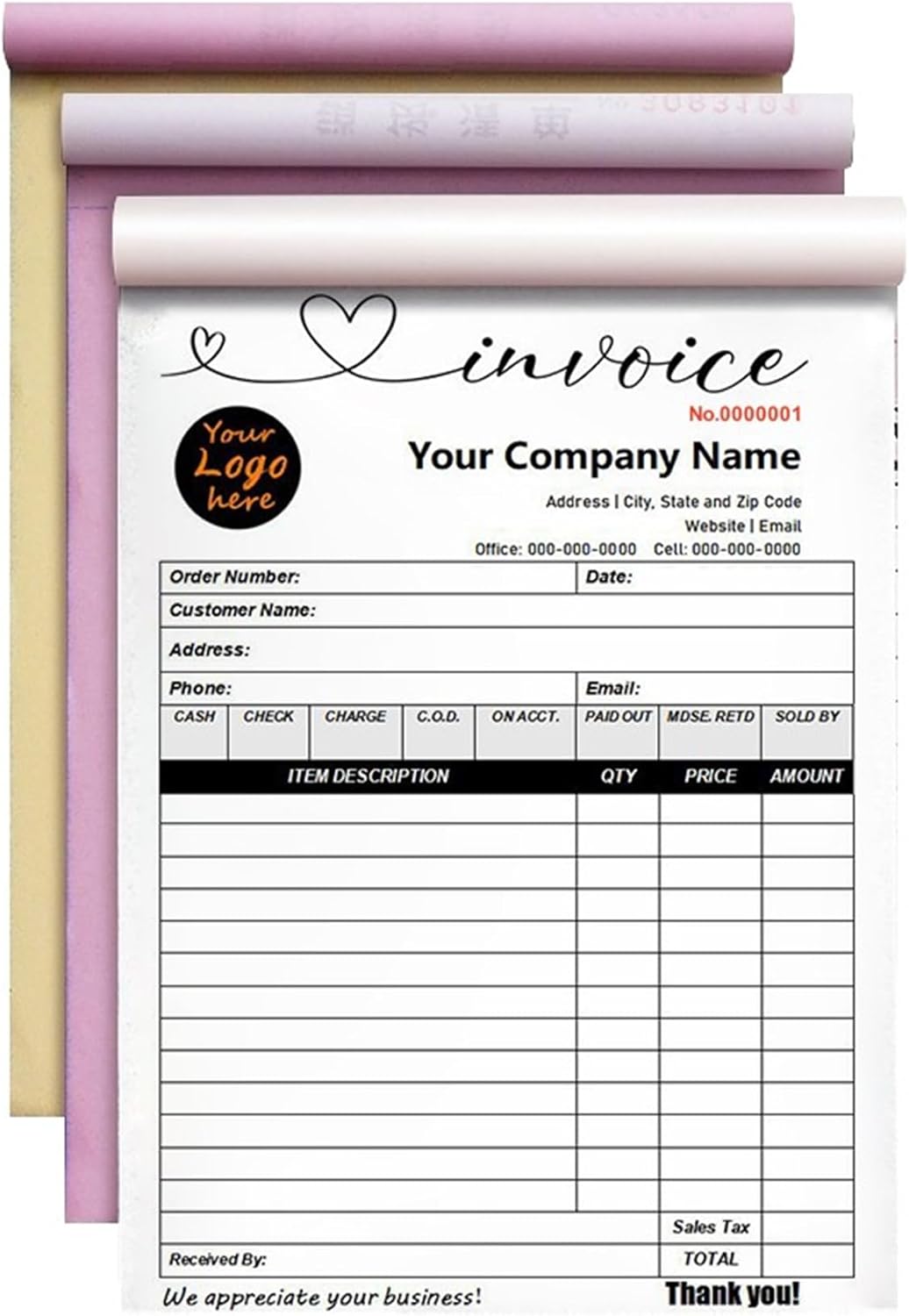 Custom Invoice Book in 3-Part /2-Part Receipt Book with Carbon Copies Personalized Carbonless Service Invoice Form Books Sales Order Book with Company Name Logo Address,F-Invoice Book with Logo