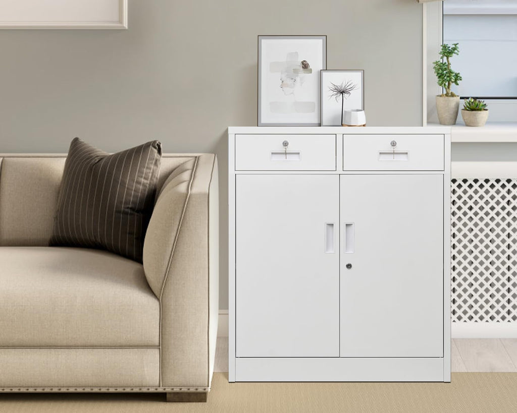 BESFUR Metal Storage Cabinet with 2 Drawers 36" H, Small Lockable Steel Storage Cabinets with 2 Lockable Doors and Adjustable Shelves Easy to Assemble for Home Office Garage Kitchen Pantry White