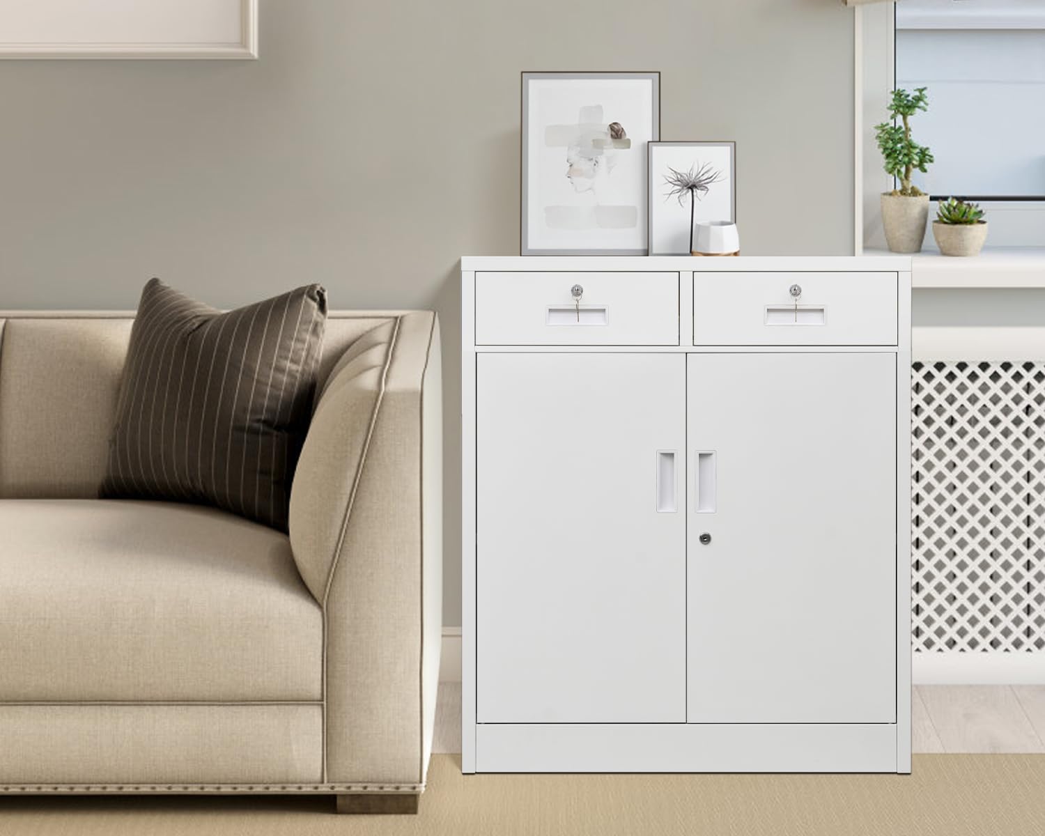 BESFUR Metal Storage Cabinet with 2 Drawers 36" H, Small Lockable Steel Storage Cabinets with 2 Lockable Doors and Adjustable Shelves Easy to Assemble for Home Office Garage Kitchen Pantry White