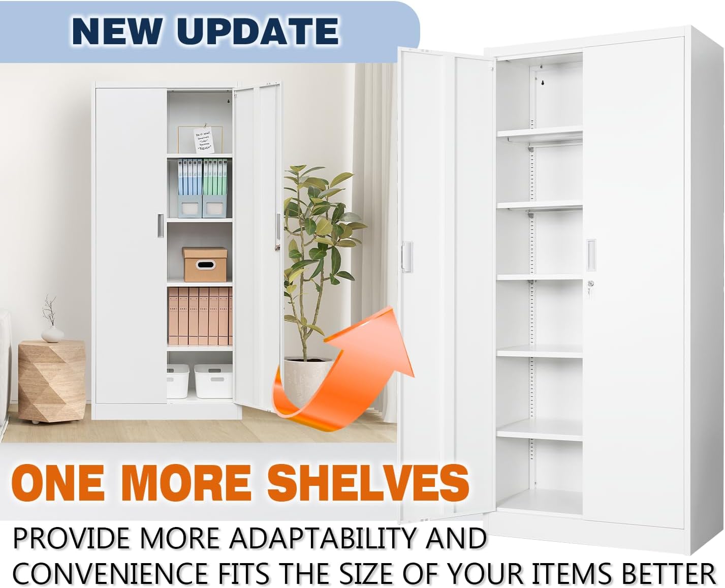 BESFUR Metal Cabinet with 5 Adjustable Shelves and 2 Doors, Locking Storage Cabinet for Garage, Classroom and Office -White