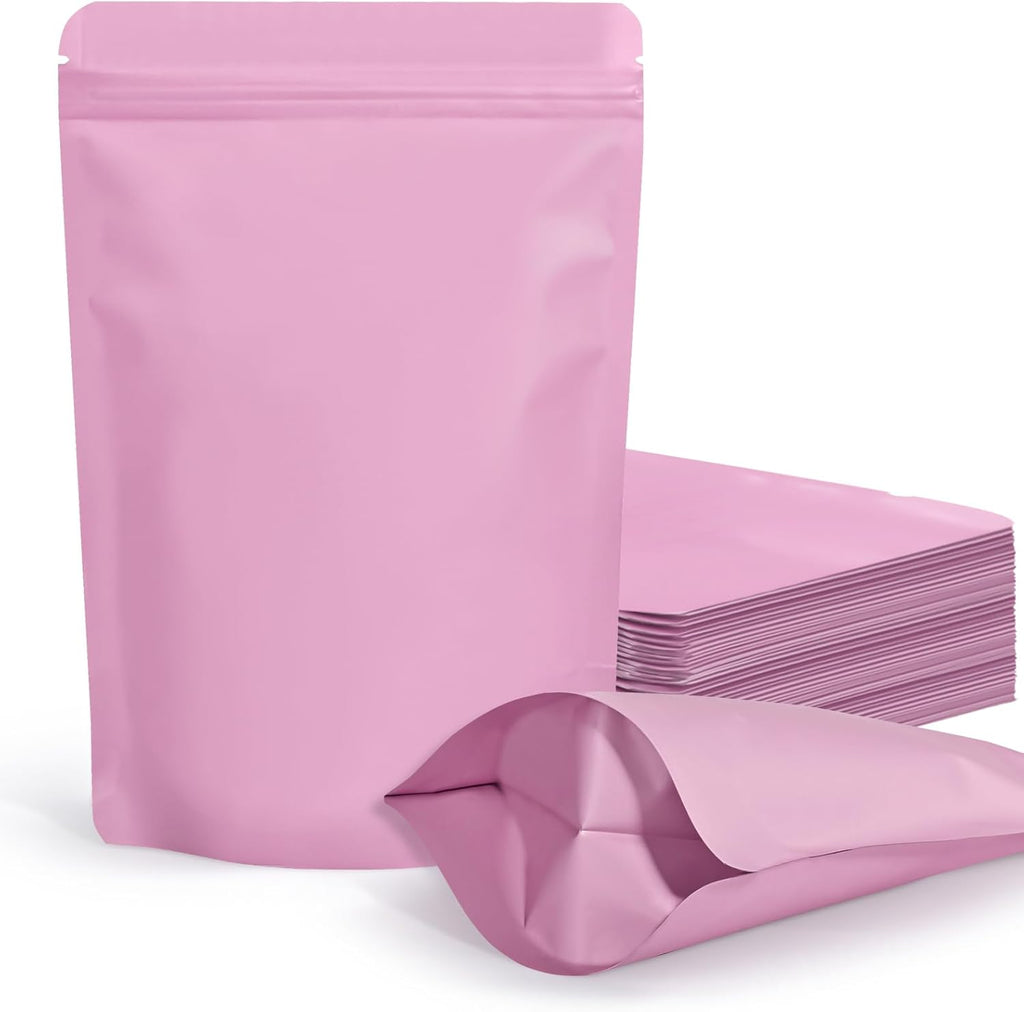 100 Pack Resealable Stand Up Bags,5.5" x 8.6" Smell Proof Pouch Sealable Foil Pouch Bags for Packaging (Pink)