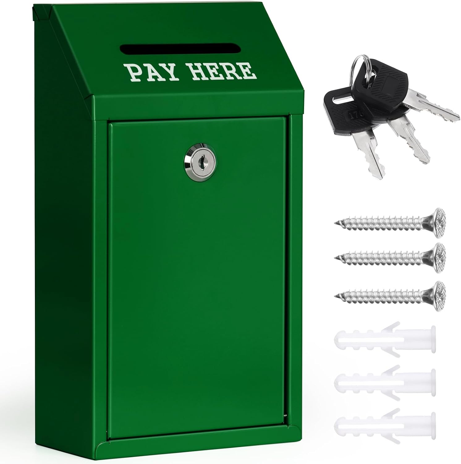 Metal Donation Box Collection Safe Suggestion Box with Lock Wall Mounted Mailbox Delivery Ballot Case Key Drop Case for Home Office Outdoor Door (Green, 10.24 x 5.71 x 2.95 Inch)