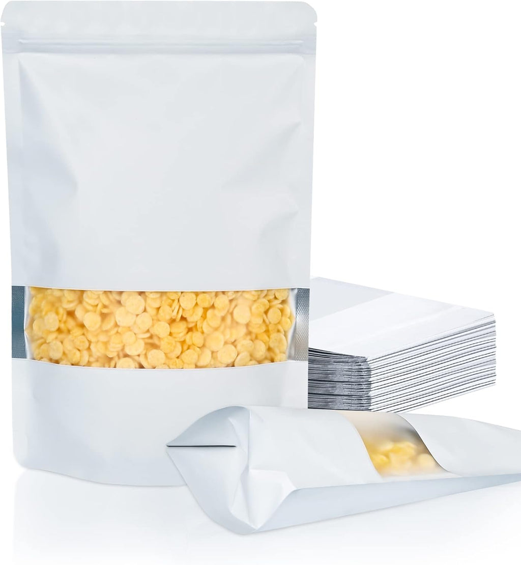FireKylin 100 Pack Smell Proof Bags 7.9" x 11.8", Resealable Bags with Matte Window, Foil Pouch Stand Up Sealable Bags for Packaging（White）