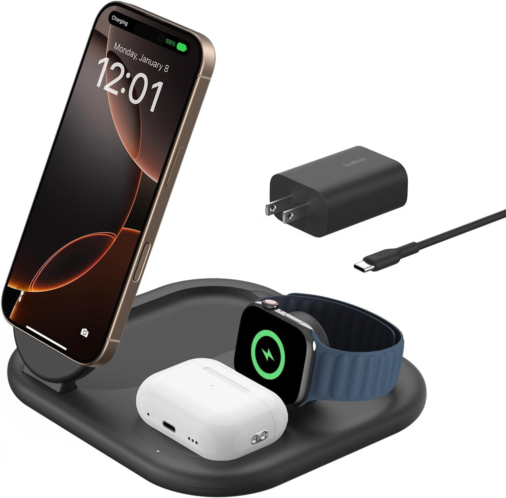 Belkin 3-in-1 MagSafe-Compatible iPhone Charger 15W, Foldable Magnetic Qi2-Certified Wireless Charging Station for iPhone 17, Apple Watch Series 10, AirPods 4, Pixel 10, w/Non-Slip Base & PSU - Black