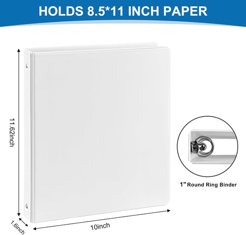 1 inch 3-Ring Binder, 1" Round Ring Binders with 2 Inside Pockets, View Basic 1 in Binders, Clear View Cover 1-inch-Binder Holds 8.5'' x 11''Paper for Office/Home/Back to School（Pack of 12, White