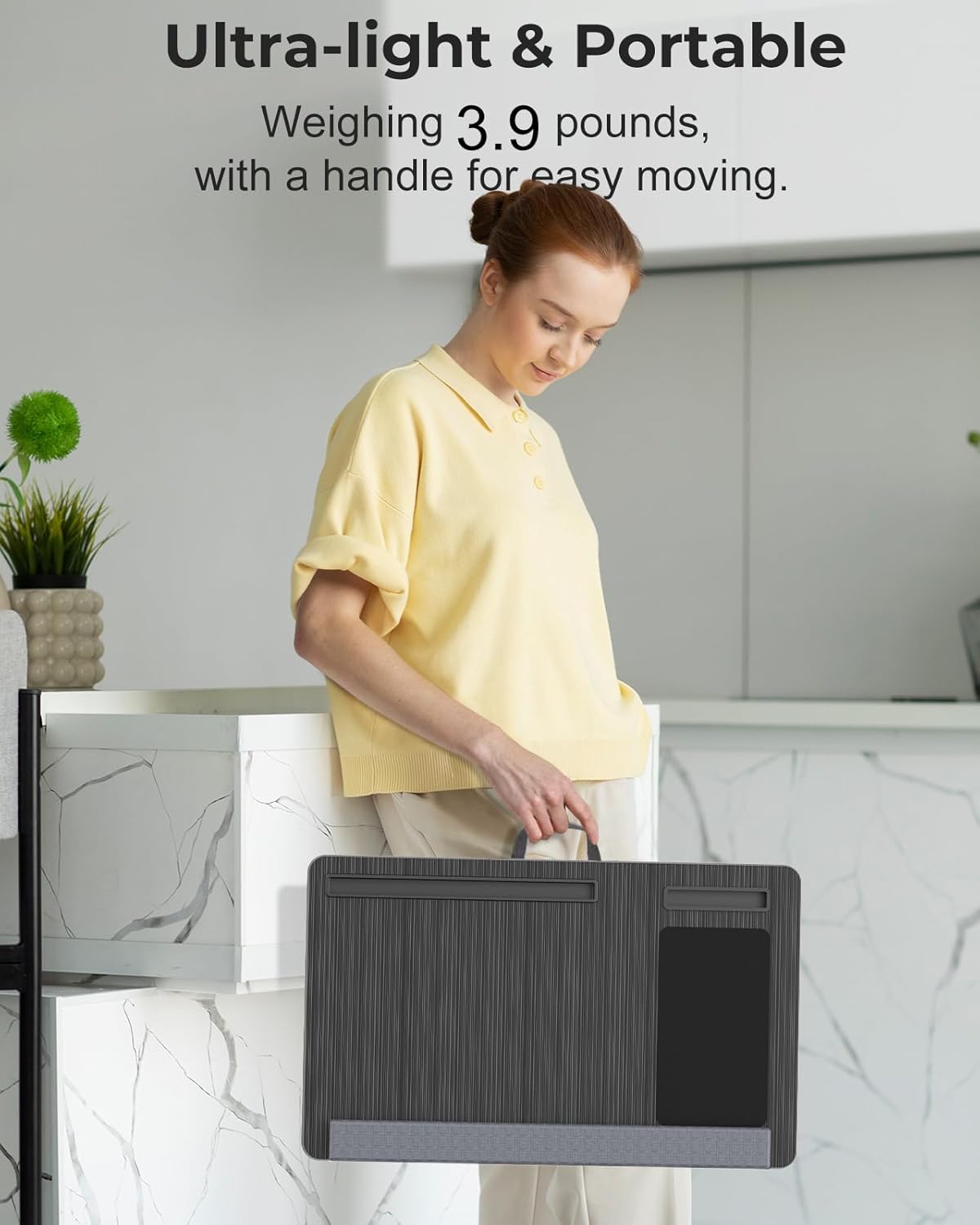 Lap Desk - Up to 17” Laptop Tray with Wrist Rest, Portable Handle, Fixed Mouse Pad, Tablet & Phone Slots, Laptop Stand for Bed with Cushion (Black)