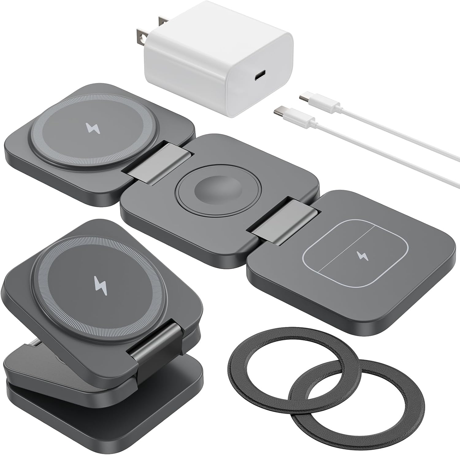Foldable 3 in 1 Wireless Charging Station for Samsung, KU XIU X55 Ultra Magnetic Travel Charger Stand for Galaxy S24 Ultra S23 S22 Note 20 Z Fold Flip 6 5, Galaxy Watch Ultra 7 6 5, Galaxy Buds, Gray