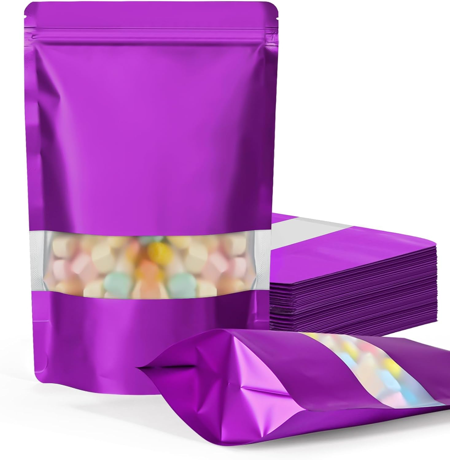 FireKylin 100 Pack Smell Proof Bags 4.7" x 7.9", Resealable Bags with Matte Window, Foil Pouch Stand Up Sealable Bags for Packaging(Purple)