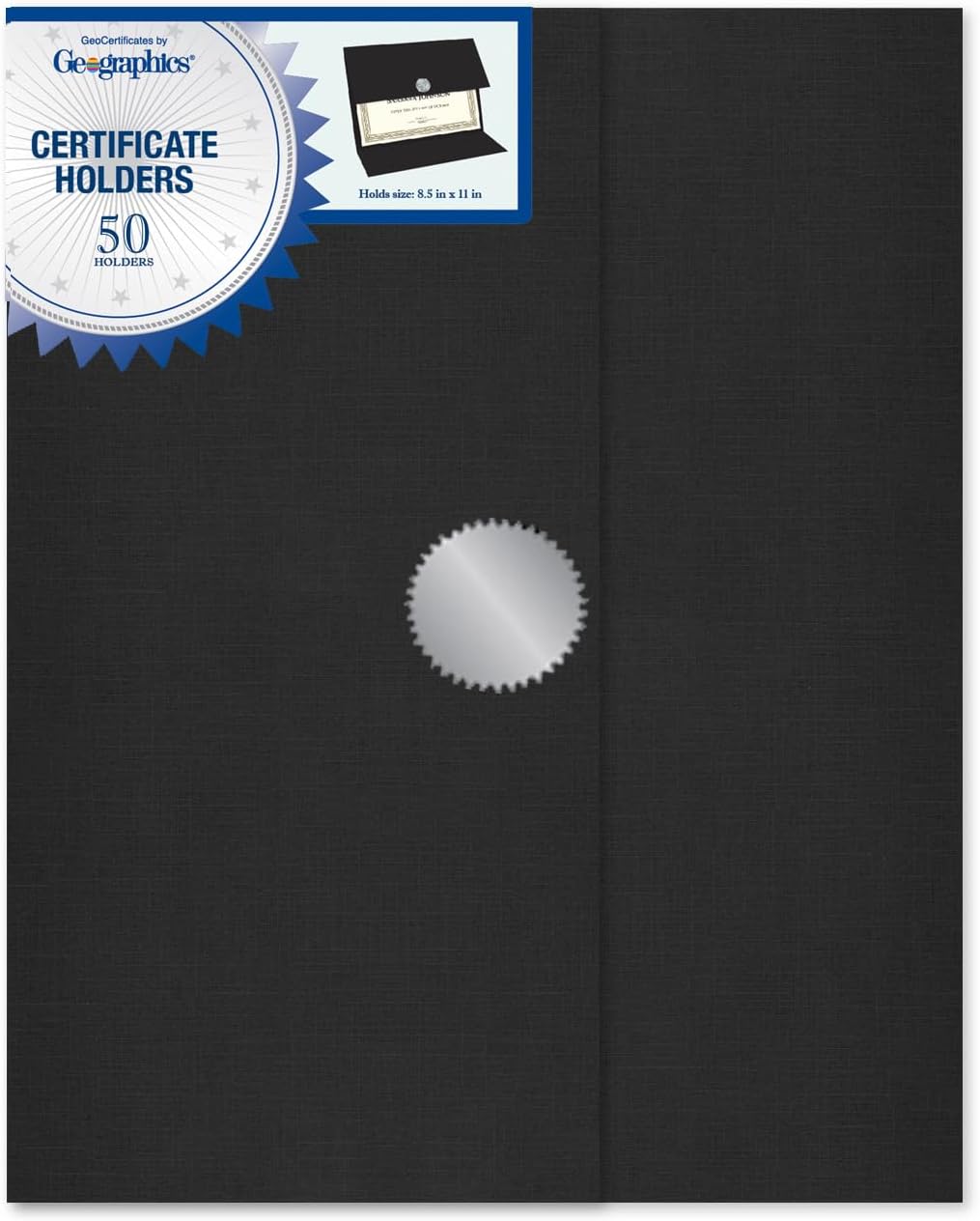 Certificate Holders - Tri-Fold Navy Linen 9.25x12.5 Inches - 50 Pack - Embossed Die-Cut 80 lb Cover Stock - Silver Medallion Foil Stamp - Ideal for Awards - 218 GSM Document Holder