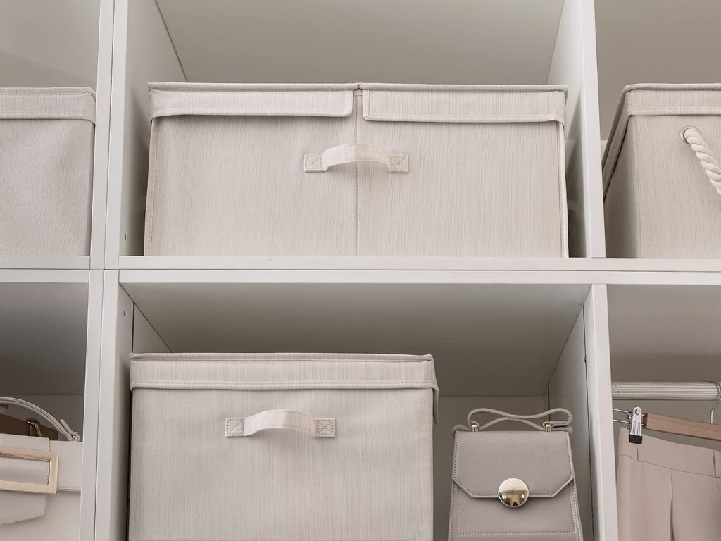 StorageWorks Extra Large Storage Bins with Lids, 55L Decorative Storage Bins with Double-Open Lid and Divider Board, Fabric Bins with Handles, Mixing of Beige, White & Ivory, 2-Pack