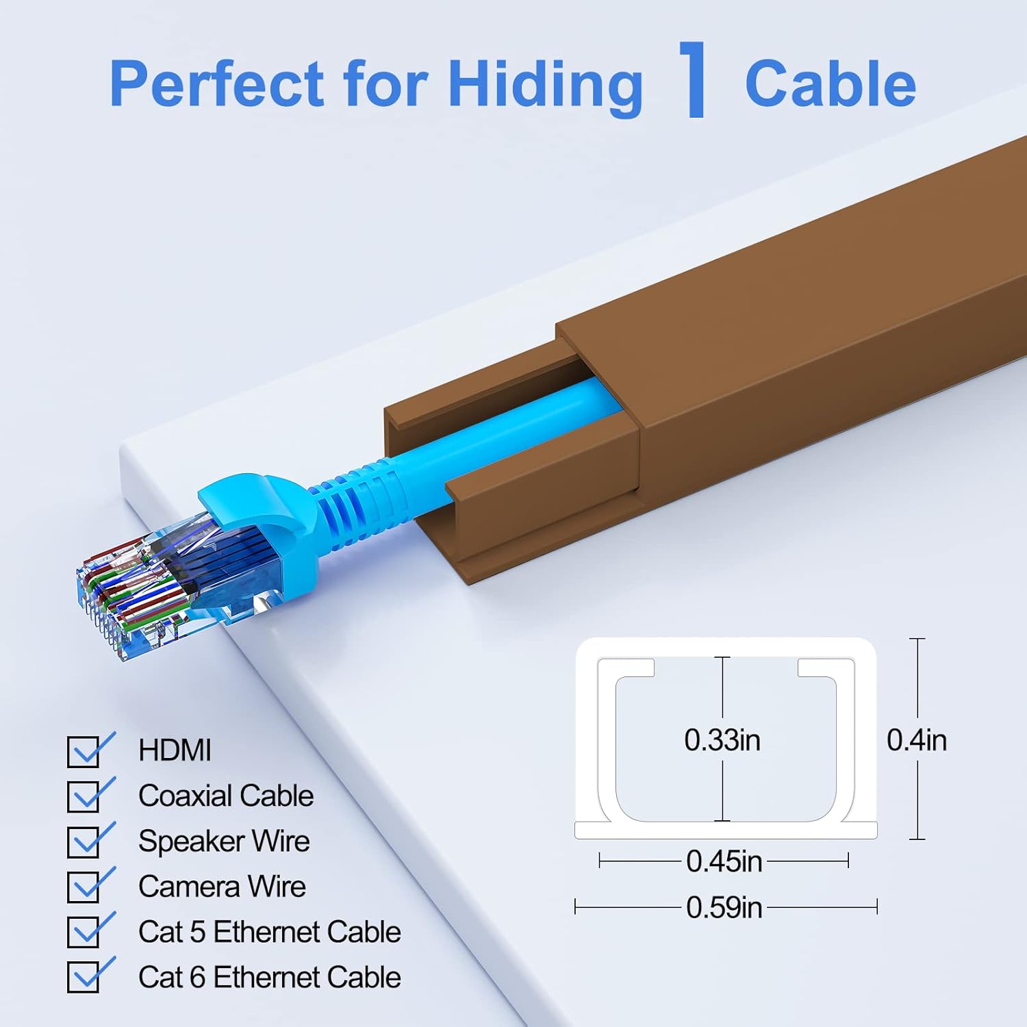 Yecaye 125in Brown Cord Hider, One-Cord Channel Cord Cover on Wall, Cable Management Kit, Wire Covers for Cords, Cable Raceway,W0.59in H0.4in, Brown