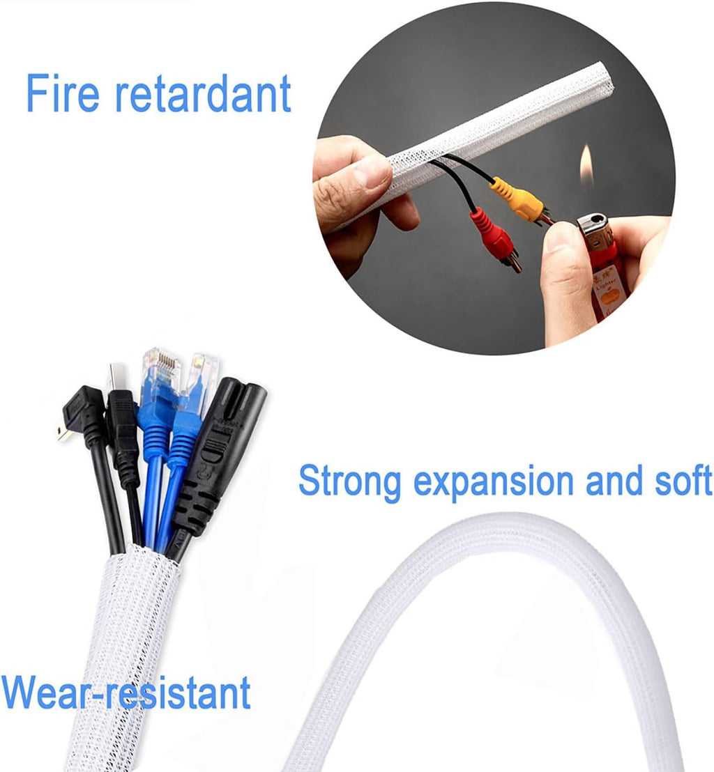 1/2" x25ft Braided Cable Sleeve – Split Self-Wrapping Wire Loom Tubing for USB, Power, Audio/Video Cords – Chew-Resistant Cord Protector, White Expandable Sleeving
