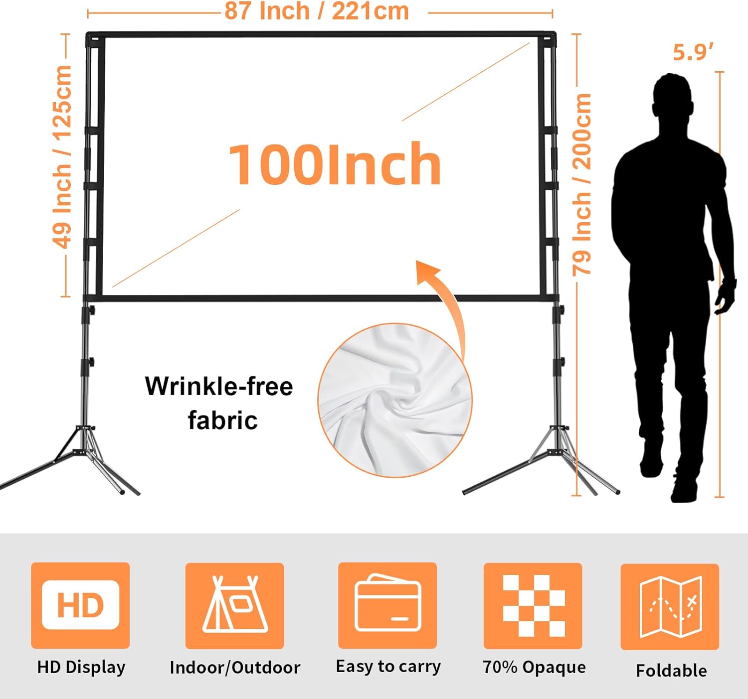 Projection Screen with Stand,100 inch Portable Movie Screen 16:9 HD 4K Double Sided Projection Screen with Carry Bag Indoor Outdoor Video Screen for Home Theater