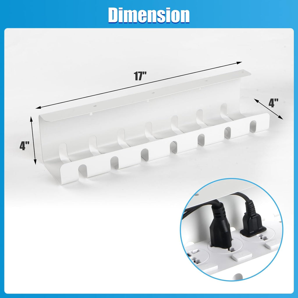 2 Pack Under Desk Cable Management Tray, 17" Wire Organizer for Power Strip, No Drill or Screw Mount, Easy Install Cord Raceway for Desk & Home, White
