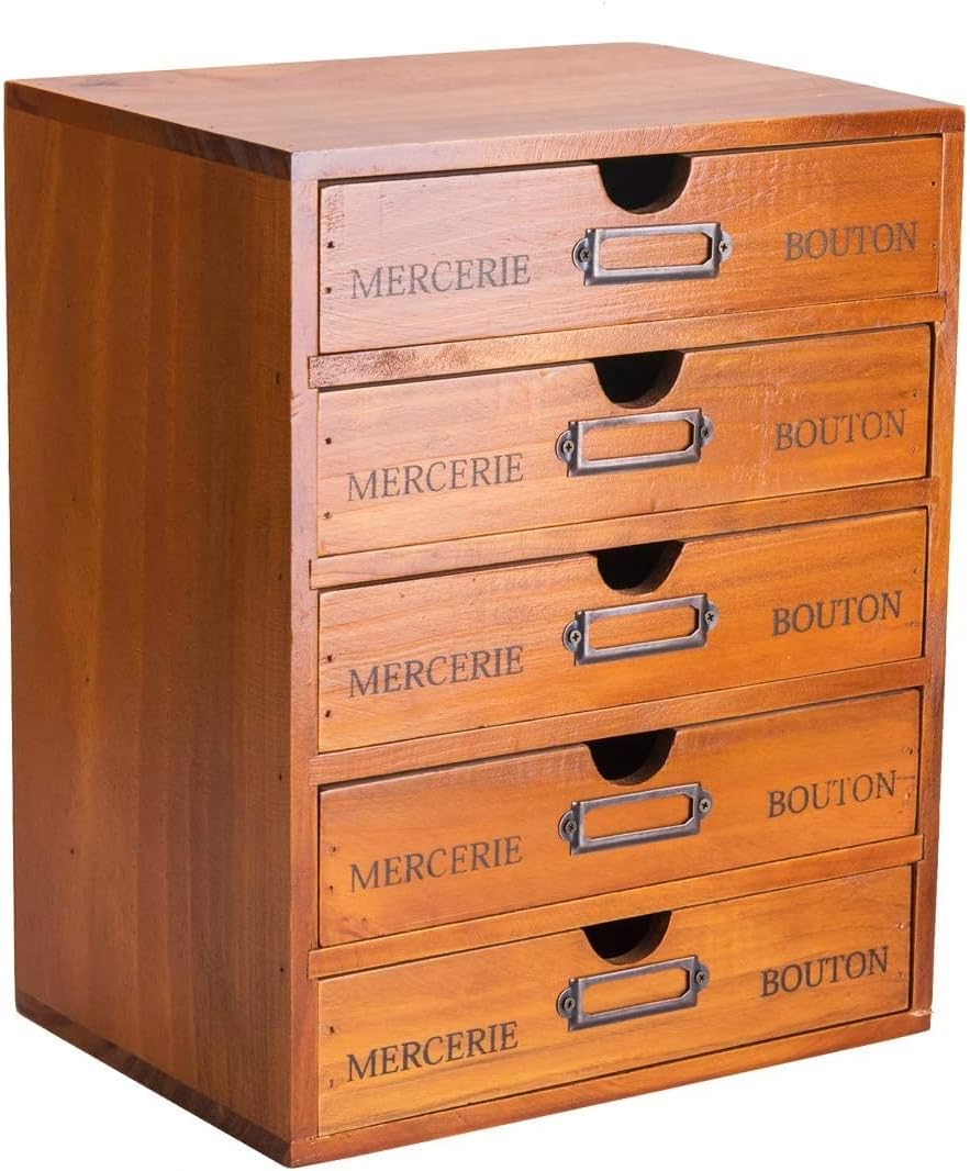 Vintage 5-Drawer Wooden Desk Organizer - Craft Storage Drawers - Rustic Shelf Drawer - Ideal Home Office Organizers and Accessories - Embroidery Floss - Apothecary Cabinet, Art Storage I Stackable