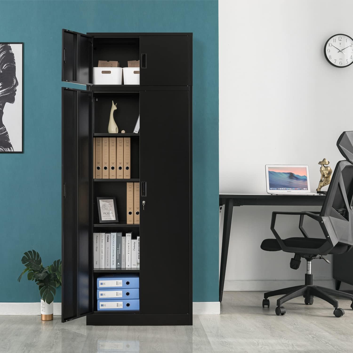 BESFUR Metal Storage Cabinet 87" H,Tall Locking Storage Cabinets with Top Cabinet and 4 Adjustable Shelves for Home Office, Garage,School, Apartment, Warehouse, Utility Room，Black