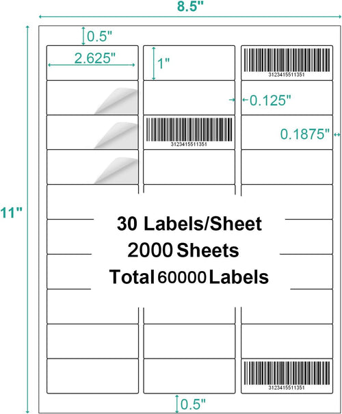 1" X 2-5/8" Address Labels,30 UP Shipping Label for Laser/Inkjet Printers,White Blank Mailing Label,30 Labels per Sheet(2000 Sheets)