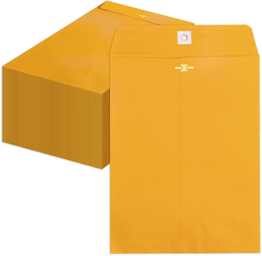 Clasp Envelopes 10x13, 100 Pack Goefun Brown Yellow Manilla Envelopes 10x13-100GSM Heavy Kraft Paper, with Clasp and Gummed Seal for Mailing