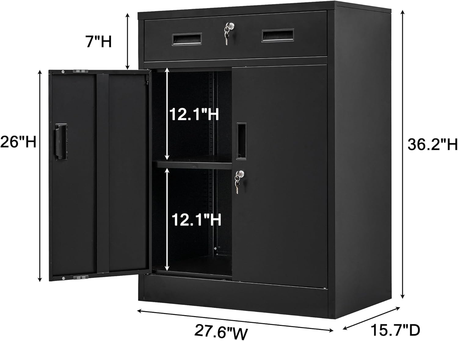 CMY Metal Storage Cabinet, Locking Storage Cabinet with One Drawer and Adjustable Shelf, 36.2" H x 28" W x 16" D Metal Cabinet for Office, Garage, Home-Black