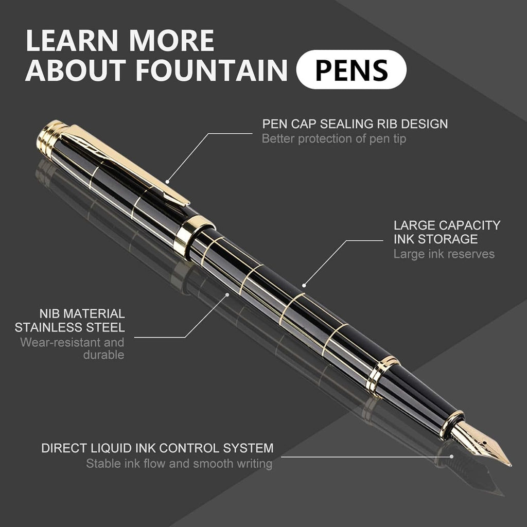 Tiankool Luxury Fountain Pen,Fine Nib, Exquisite Pen Gift Set for Men&Women-Includes 10 Ink Cartridges&Ink Converter- Nice Pens - Black - Gold Plaid