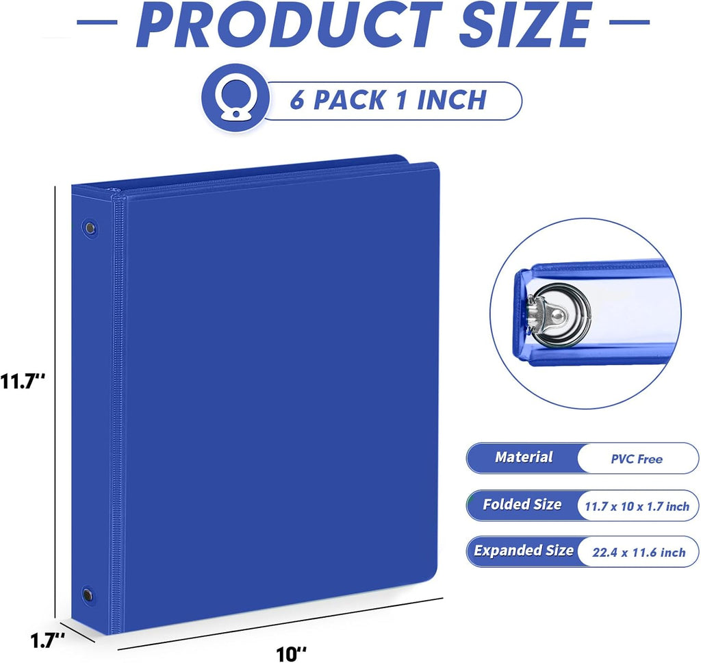 3 Ring Binder 1 Inch, PANDRI 6 Pack 1-Inch Binder Fits Letter Size 8.5'' x 11'' Paper, Versatile Binders for Office Home School, 2 Pockets, Assorted 6 Color