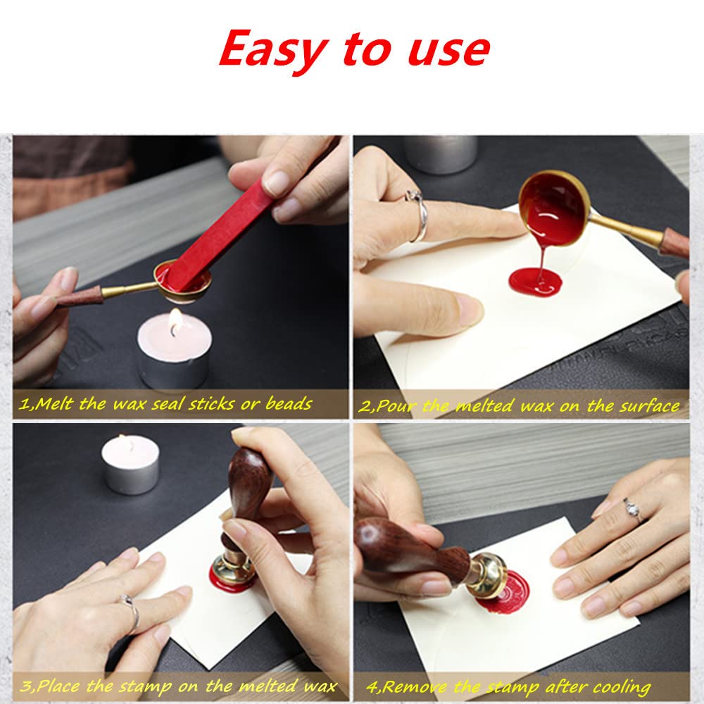 Flower Wax Seal Stamp Set with 4 PCS Removable Brass Heads and 1 Wooden Handle - Sunflower, Lotus Sealing Wax Stamp for Cards Invitations