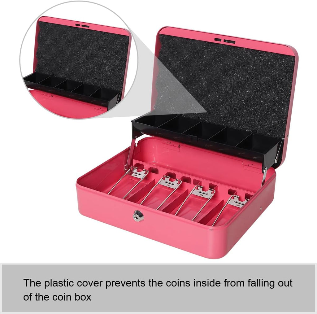 Jssmst Large Locking Cash Box with Money Tray, Lock Box with Security Cable Metal Money Box with Key Lock, Pink