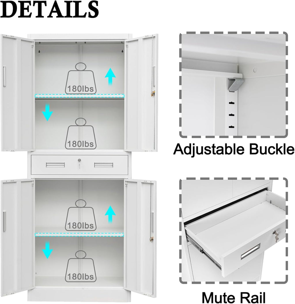 BESFUR Metal Cabinet, Garage Storage Cabinet with Drawer and Adjustable Shelves for Garage, Office, School - White