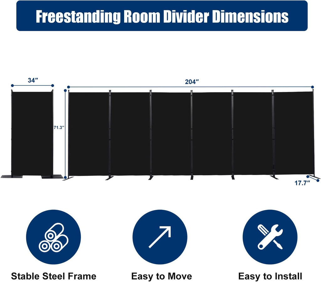 Room Divider 6FT Portable Room Dividers and Folding Privacy Screens, 204'' W Fabric Divider for Room Separation, 6 Panel Partition Room Dividers Freestanding Wall Divider Screen for Dorm Studio Office