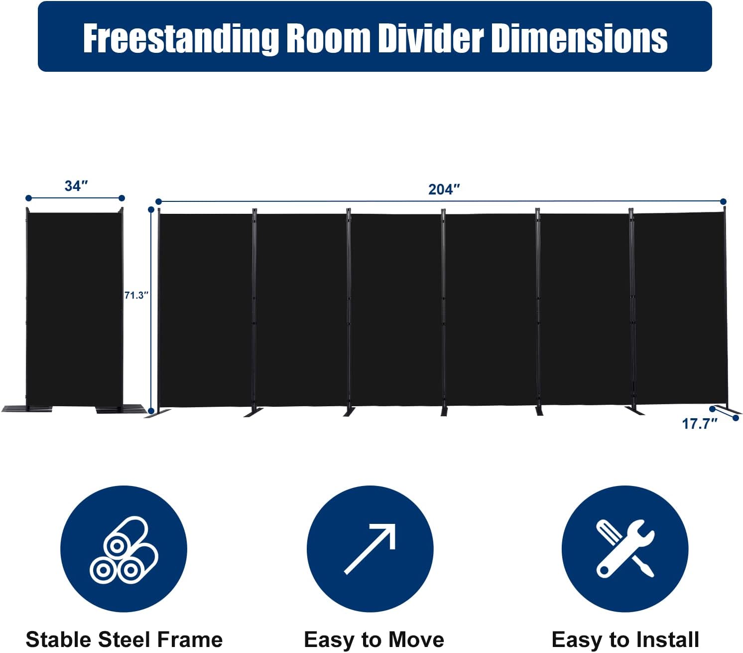 Room Divider 6FT Portable Room Dividers and Folding Privacy Screens, 204'' W Fabric Divider for Room Separation, 6 Panel Partition Room Dividers Freestanding Wall Divider Screen for Dorm Studio Office
