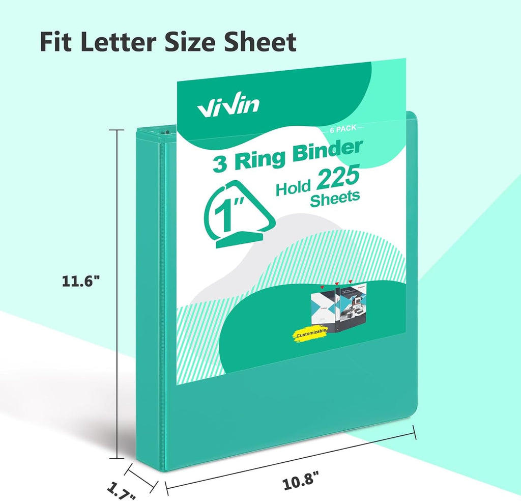 ViVin Durable 1 Inch D Ring Binders, 3 Ring Binders with 2 Pockets, Hold 225 Sheets of US Letter Size Paper - 6 Pack (Assorted)