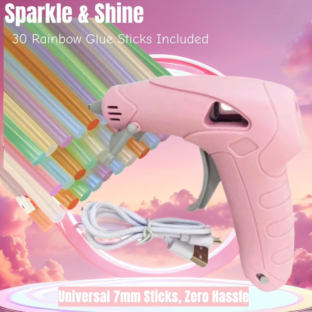 NEX&CO Pink Cordless Hot Glue Gun Kit for Kids, Mini Rechargeable Battery & Anti-Drip, Auto Power-Off & Lightweight w/ 30 pack 7mm Rainbow Glue Sticks, Child-Safe for Classroom Crafts, Art Projects