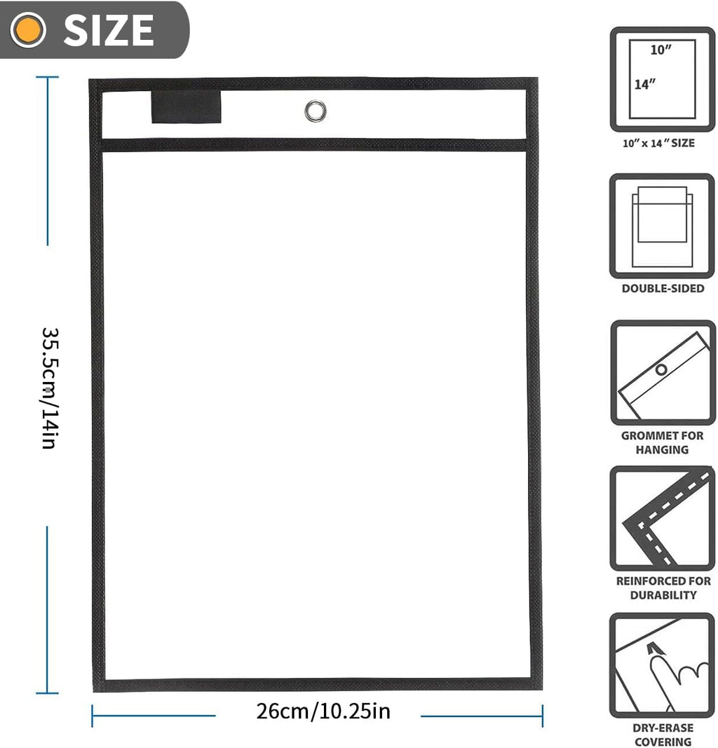 6 Packs Oversized Reusable Dry Erase Pocket Sleeves, Black 10x14 Ticket Holders, Clear Plastic Sheet Protectors, Teacher School Classroom Supplies