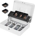 Cash Box Key Lock on Side, Cash Box with Money Tray & Key Lock 4 Bill 5 Coin Slots,Large Safe Lock Box with Key,Metal Money Saving Organizer for Security 11.8L x 9.5W x 3.5H Inches, White
