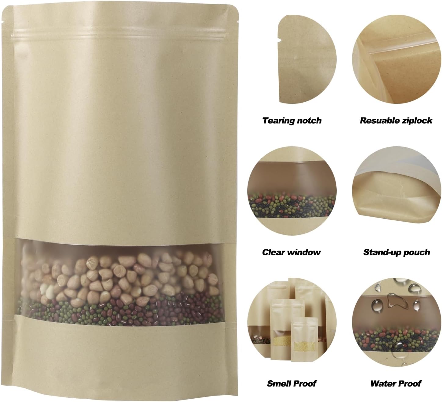100 Pack Bags, Resealable Bags with Clear Window, Stand-up Bags for Sealing Storage, Scratch Resistant Hand Storage Bags. (Kraft Paper, 5.5×7.9 Inch)
