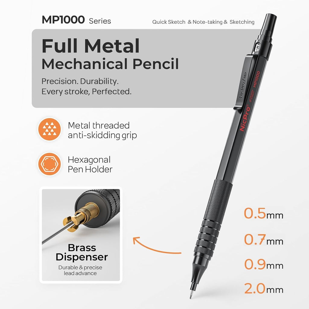 Nicpro 45PCS Black & Silver Metal Mechanical Pencil Set in Leather Case, Art Drafting Pencil 0.5, 0.7, 0.9 mm, 2mm Lead Holders for Sketching Drawing With 27 Tube (6B 4B 2B HB 2H 4H Colors)Lead Refill