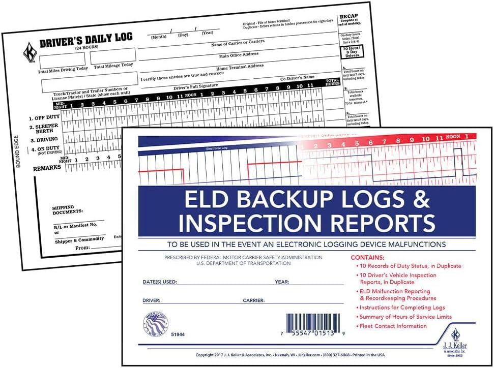 ELD Backup Driver Log Book 10-pk. with Detailed Driver Vehicle Inspection Report & Daily Recap - Book Format with 10 Sets, 2-Ply Carbonless, 8.5" x 5.5", J. J. Keller & Associates, Inc.