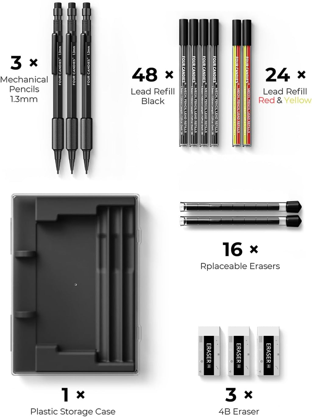 Four Candies 1.3mm Mechanical Pencil Set with 72 Lead Refill, 3PCS Metal Weatherproof Body Heavy Duty Carpenter Pencil, 3 Eraser, 16 Eraser Refill, for Outdoor Woodworking Drafting Marking with Case